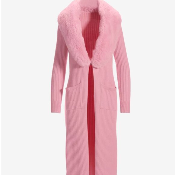 Boston Proper Faux Fur Collar Ribbed Long Cardigan Rose Shadow - NEW - Picture 3 of 13